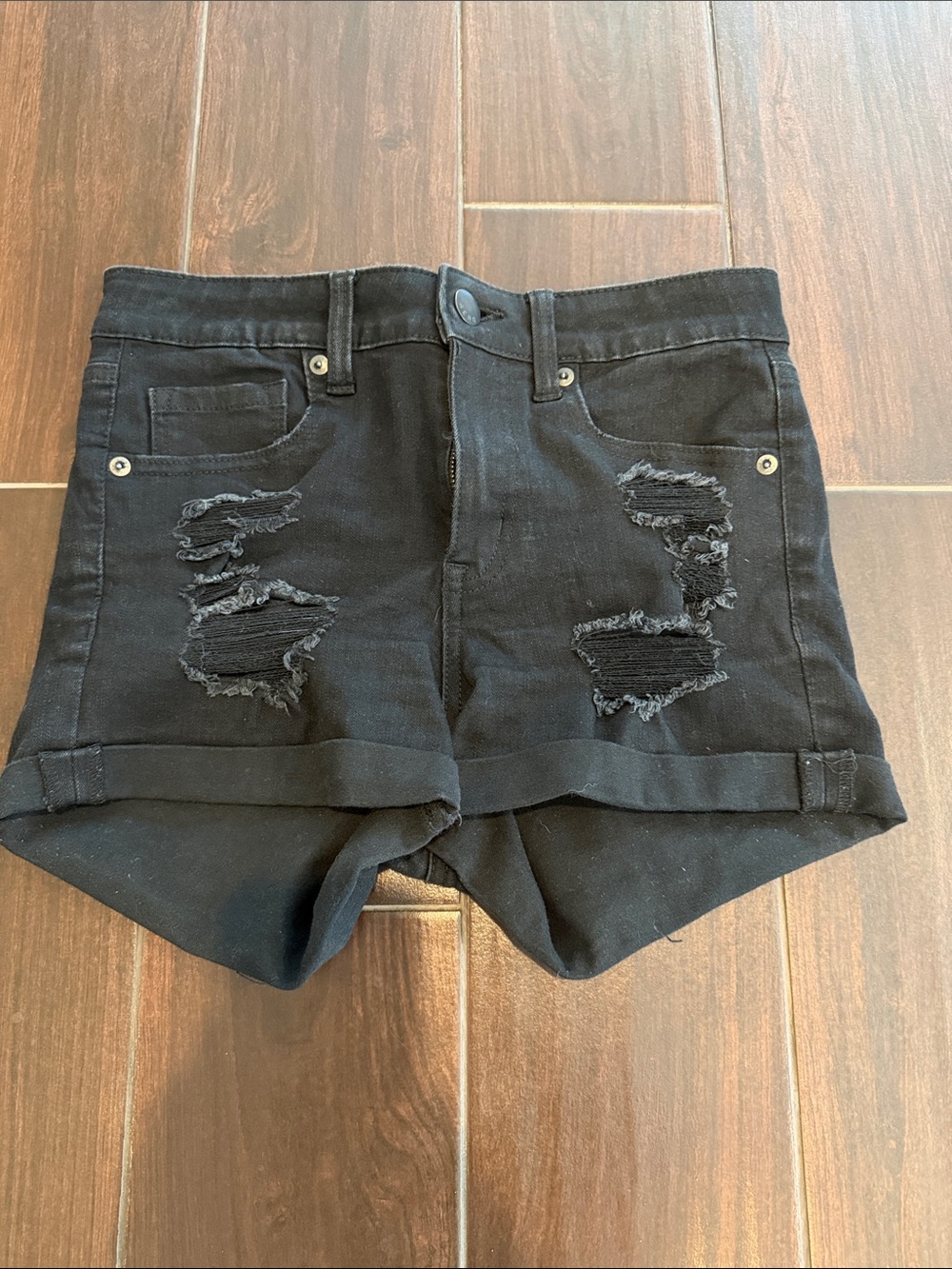 Black Distressed Women's Roll-Hem Jean Shorts